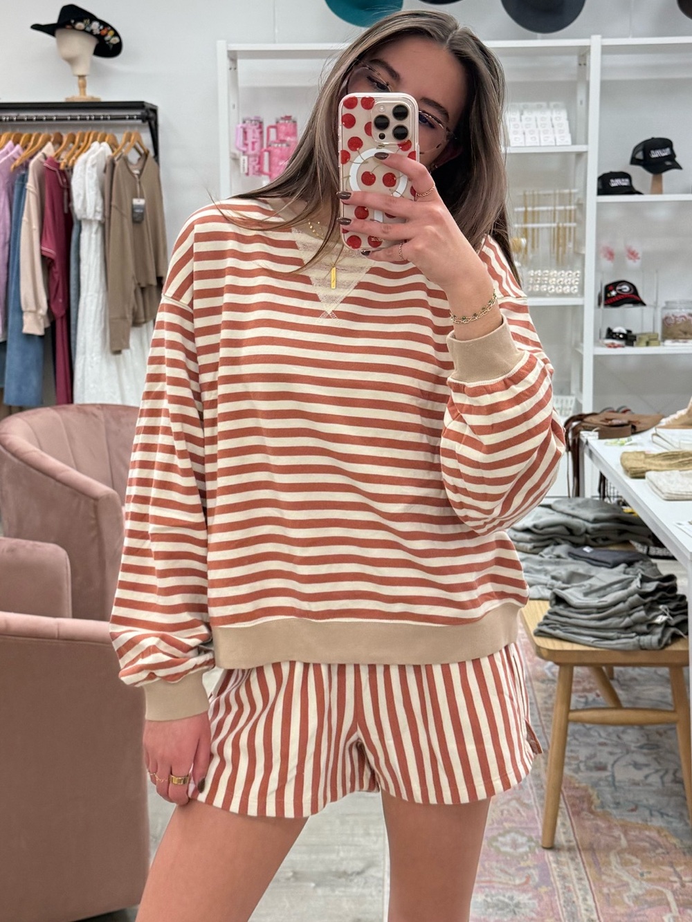 Rylee + Cru Striped Crewneck Sweater in Cream & Rust